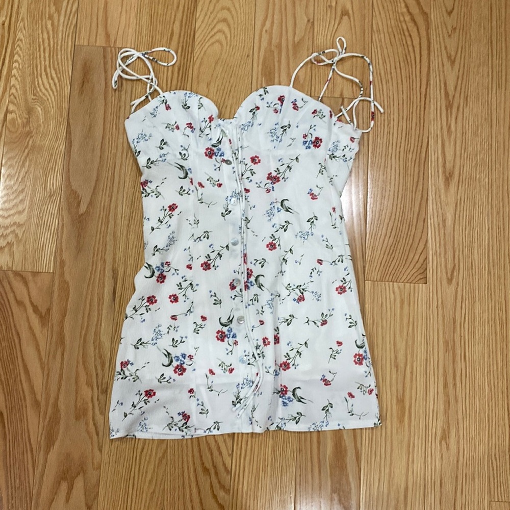 White Floral Mini Dress with Tie Strings and Zipper Back